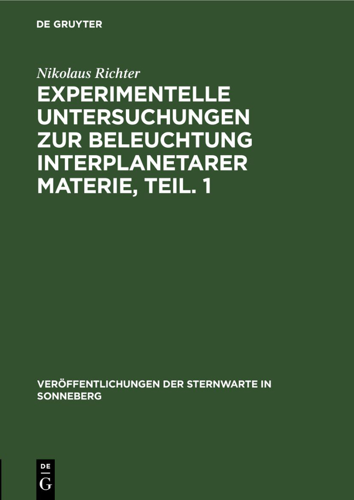 Experimentelle Untersuchungen zur Beleuchtung interplanetarer Materie Teil 1 German Edition Nikolaus Richter Kitap Kapağı