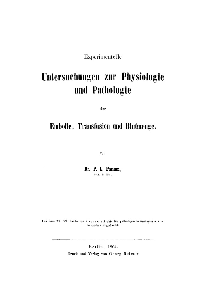 Experimentelle Untersuchungen zur Physiologie und Pathologie der Embolie Transfusion und Blutmenge German Edition P L Panum Kitap Kapağı