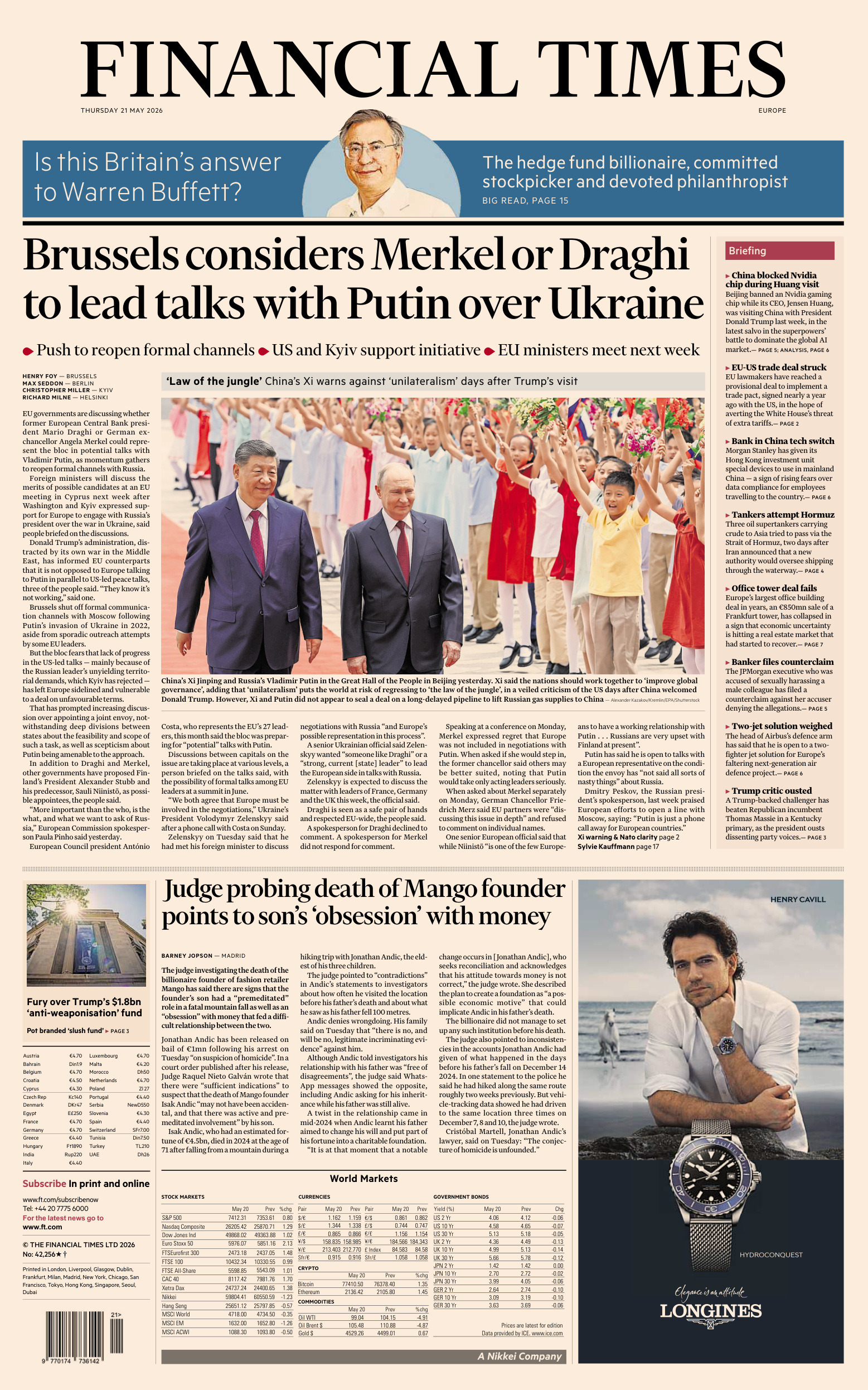 Financial Times Europe 21 May 2026 Financial Times Europe Kitap Kapağı