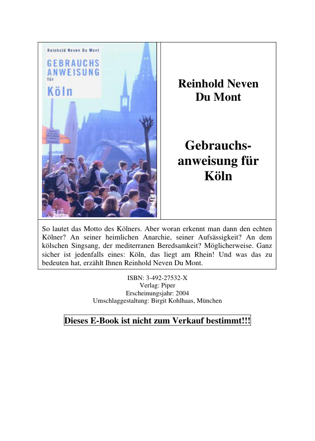 Gebrauchsanweisung fur Koln German Edition Du Mont Reinhold Neven Kitap Kapağı
