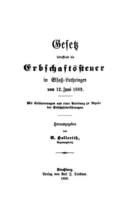 Gesetz betreffend die Erbschaftssteuer in Elsass Lothringen vom 1261889 German Edition A Hollerith Kitap Kapağı