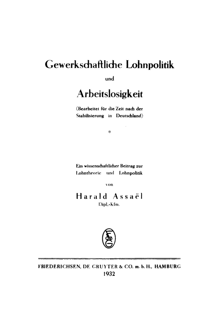 Gewerkschaftliche Lohnpolitik und Arbeitslosigkeit German Edition Harald Assael Kitap Kapağı