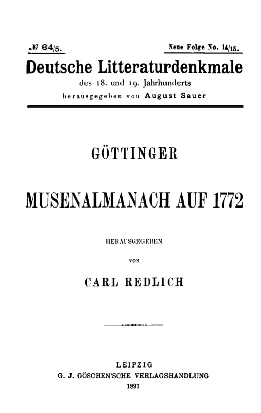 Gottinger Musenalmanach auf 1772 German Edition Karl Redlich Kitap Kapağı