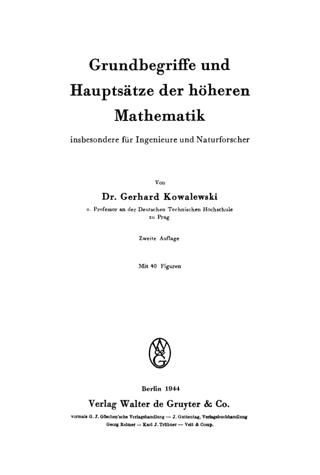 Grundbegriffe und Hauptsatze der hoheren Mathematik German Edition Gerhard Kowalewski Kitap Kapağı