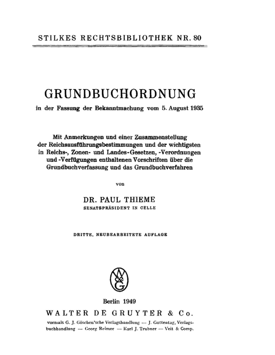 Grundbuchordnung in der Fassung der Bekanntmachung vom 5. August 1935 - Hauptwerk PDF Download