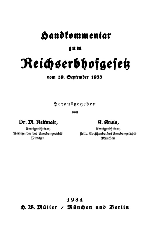 Handkommentar zum Reichserbhofgesetz vom 29 September 1933 German Edition M Reitmair Kitap Kapağı