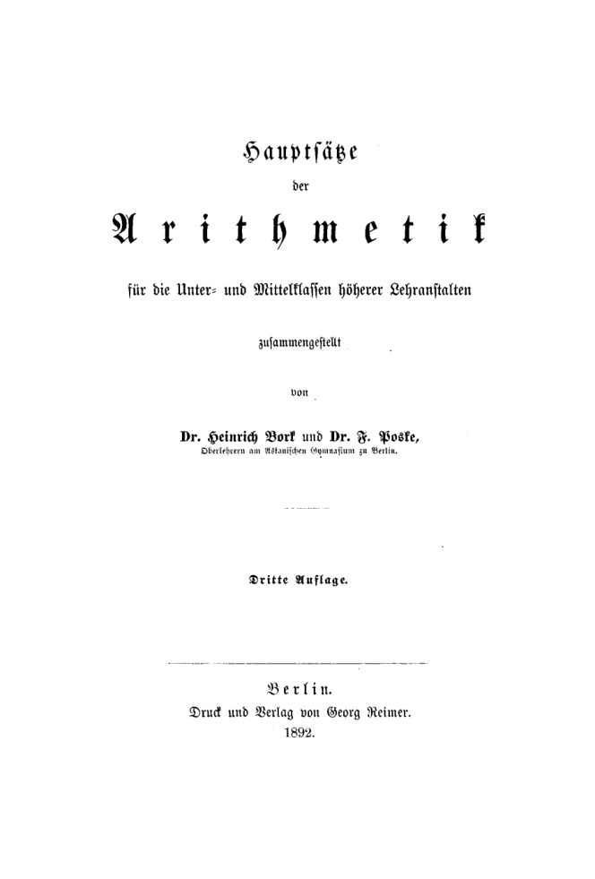Hauptsatze der Arithmetik fur die Unter und Mittelklassen hoherer Lehranstalten German Edition Heinrich Bork Kitap Kapağı