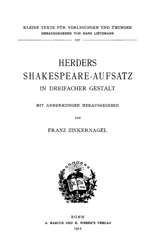 Herders Shakespeare Aufsatz in dreifacher Gestalt German Edition Johann Gottfried Herder Kitap Kapağı