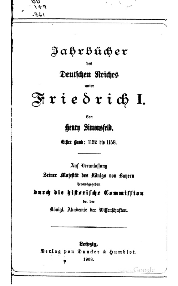 Jahrbucher des Deutschen Reiches unter Friedrich I 1152 1158 German Edition Henry Simonsfeld Kitap Kapağı