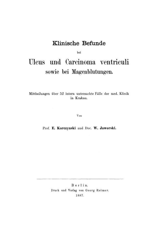 Klinische Befunde bei Ulcus und Carcinoma ventriculi sowie bei Magenblutungen German Edition E Korczynski Kitap Kapağı