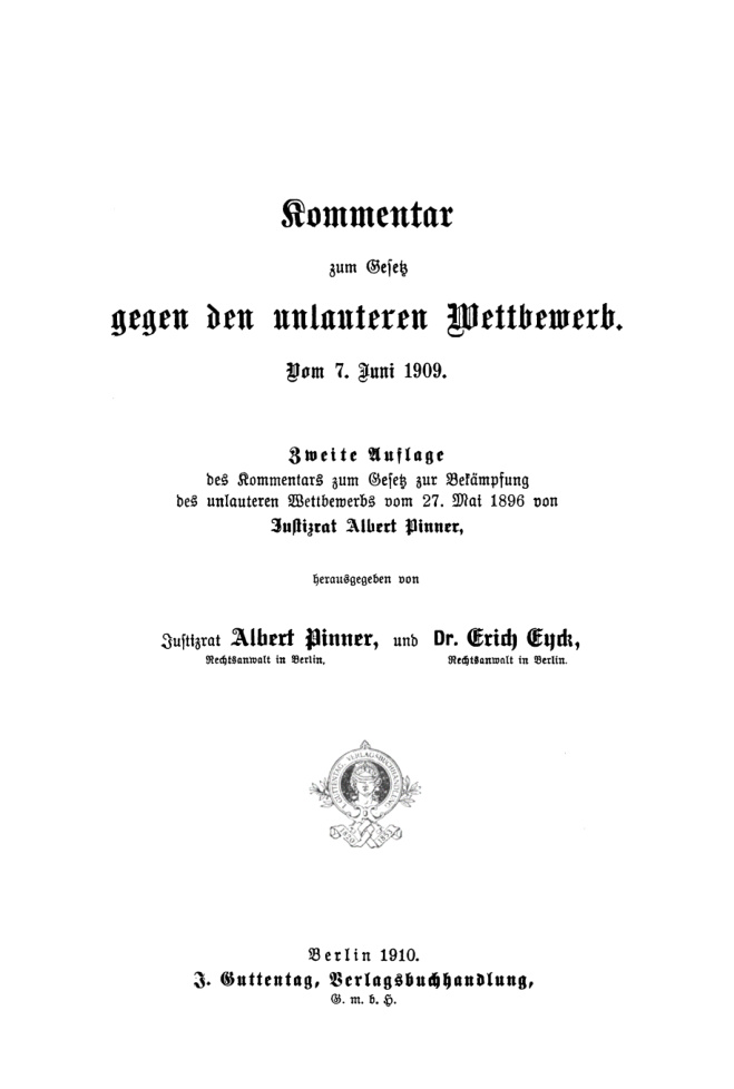 Kommentar zum Gesetz gegen den unlauteren Wettbewerb Vom 7 Juni 1909 German Edition Albert Pinner Kitap Kapağı