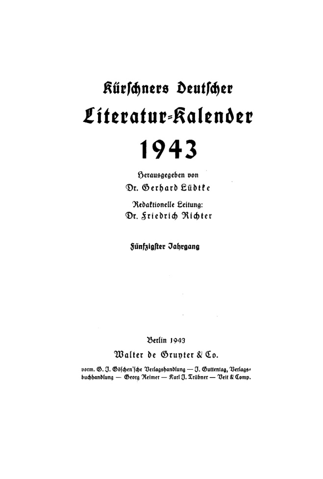 Kurschners Deutscher Literatur Kalender auf das Jahr 50 Jahrgang 1943 German Edition Gerhard Ludtke Kitap Kapağı