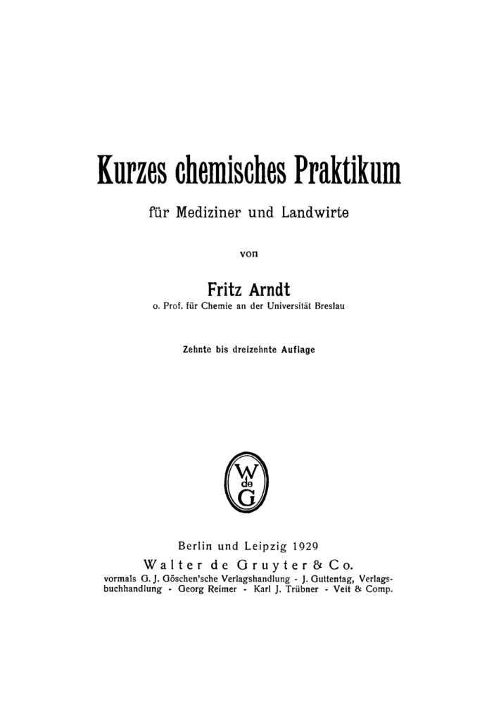 Kurzes chemisches Praktikum fur Mediziner und Landwirte German Edition Fritz Arndt Kitap Kapağı