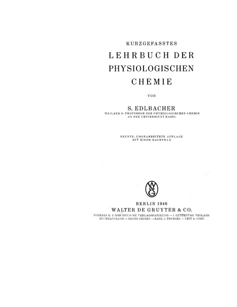 Kurzgefasstes Lehrbuch der physiologischen Chemie German Edition S Edlbacher Kitap Kapağı