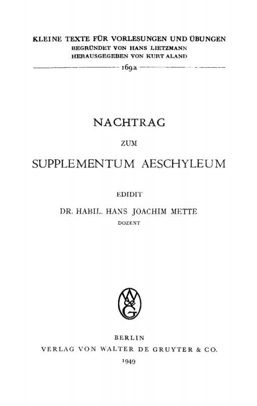 Nachtrag zum Supplementum Aeschyleum German Edition Hans Joachim Mette Kitap Kapağı