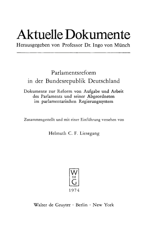 Parlamentsreform in der Bundesrepublik Deutschland German Edition Helmuth C F Liesegang Kitap Kapağı