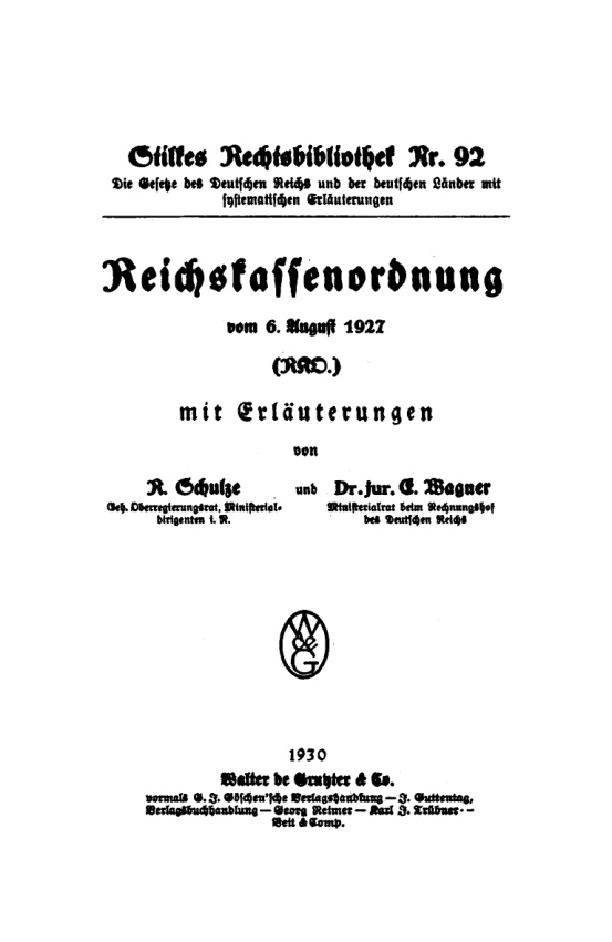 Reichskassenordnung vom 6 August 1927 German Edition R Schulze Kitap Kapağı