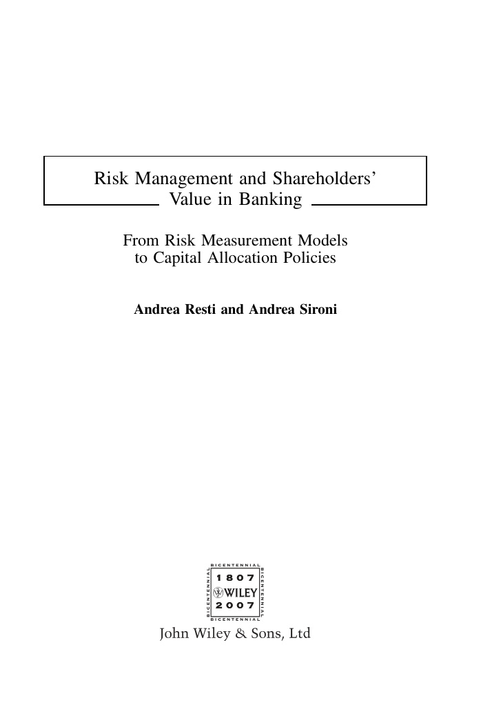 Risk Management and Shareholders Value in Banking Andrea Sironi Kitap Kapağı