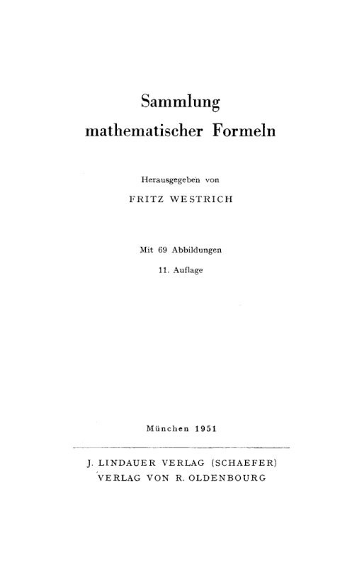 Sammlung mathematischer Formeln German Edition Fritz Westrich Kitap Kapağı