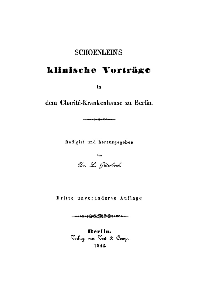 Schoenleins klinische Vortrage in dem Charite Krankenhause zu Berlin German Edition Johann Lukas Schoenlein Kitap Kapağı
