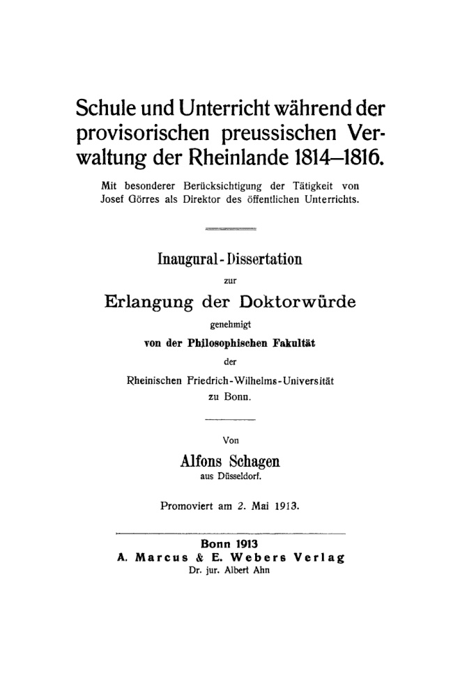 Schule und Unterricht wahrend der provisorischen preussischen Verwaltung der Rheinlande 1814 1816 German Edition Alfons Schagen Kitap Kapağı