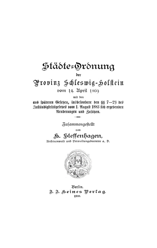 Stadte Ordnung der Provinz Schleswig Holstein vom 14 April 1869 German Edition H Steffenhagen Kitap Kapağı