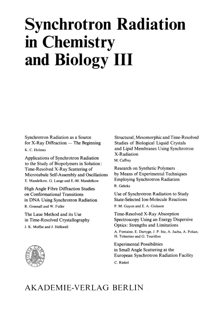 Synchrotron Radiation in Chemistry and Biology III German Edition Eckhard Mandelkov Kitap Kapağı