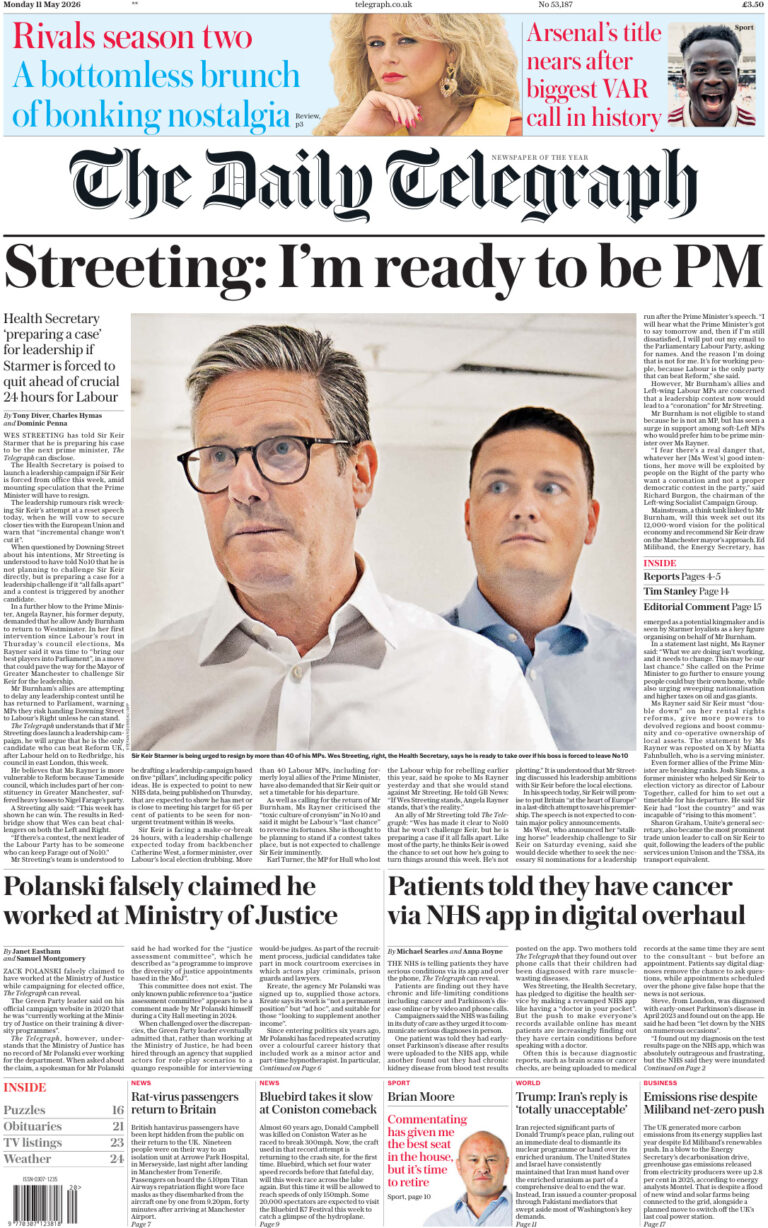 The Daily Telegraph 11 May 2026 The Daily Telegraph Kitap Kapağı