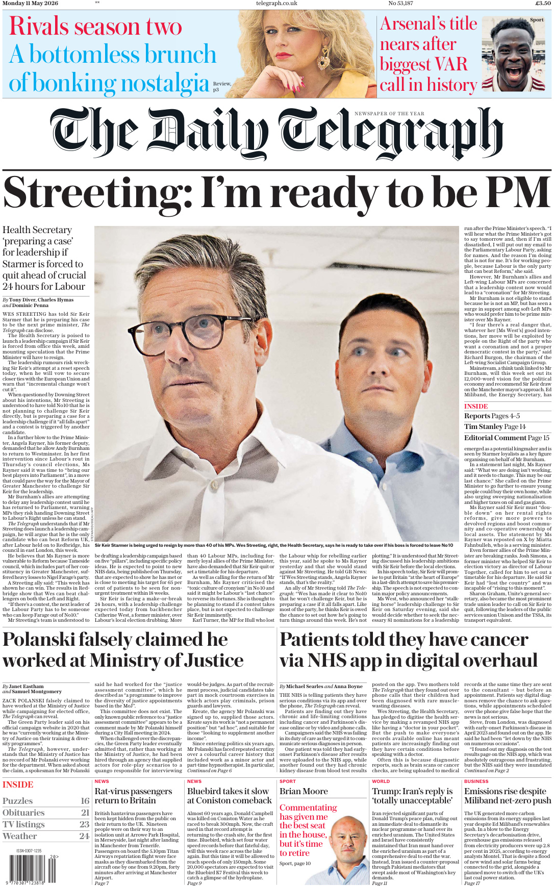 The Daily Telegraph 11 May 2026 The Daily Telegraph Kitap Kapağı