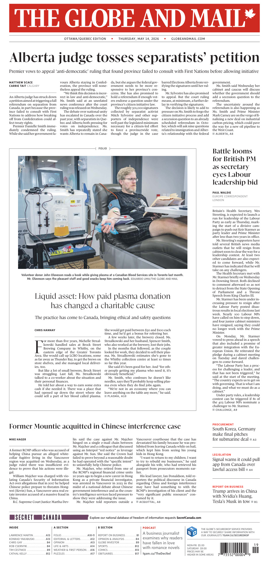 The Globe and Mail OttawaQuebec Edition May 14 2026 The Globe and Mail Kitap Kapağı