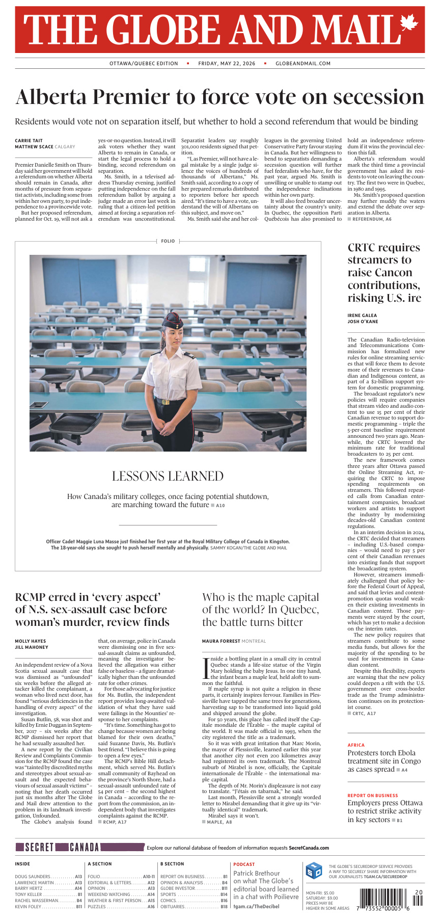 The Globe and Mail OttawaQuebec Edition May 22 2026 The Globe and Mail Kitap Kapağı