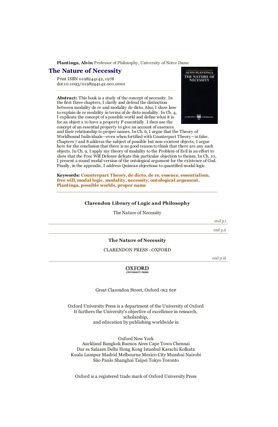 The Nature of Necessity Alvin Plantinga Kitap Kapağı