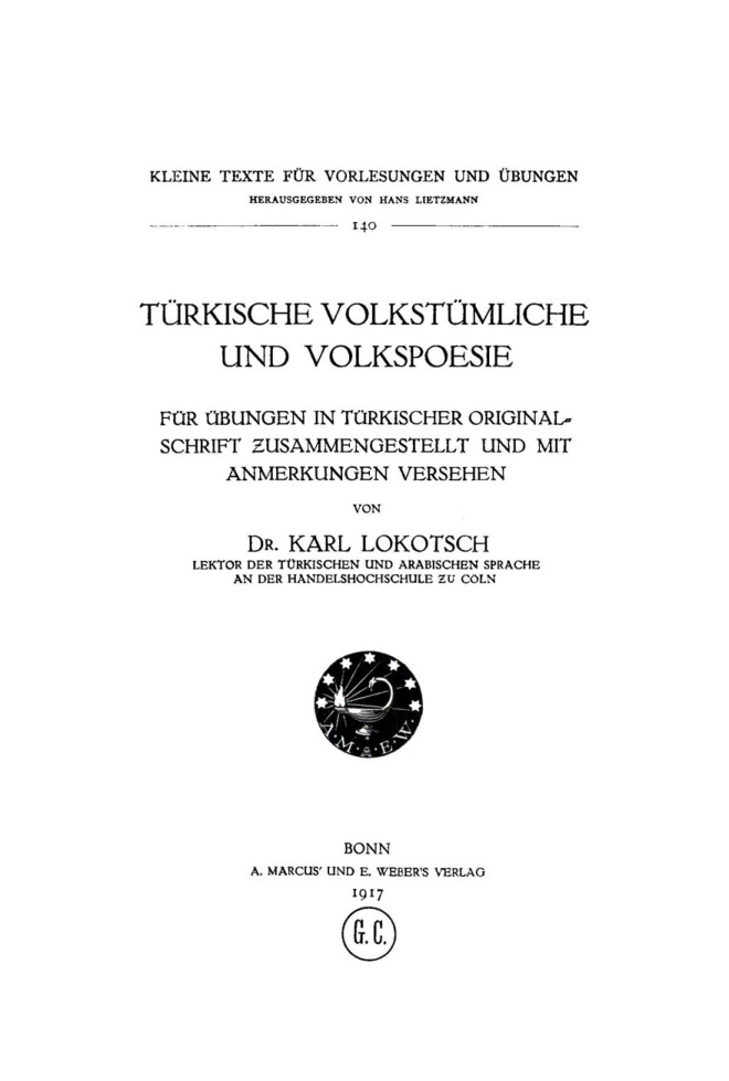 Turkische volkstumliche und Volkspoesie German Edition Karl Lokotsch Kitap Kapağı