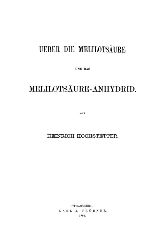 Uber die Melilotsaure und das Melilotsaure Anhydrid German Edition Heinrich Hochstetter Kitap Kapağı