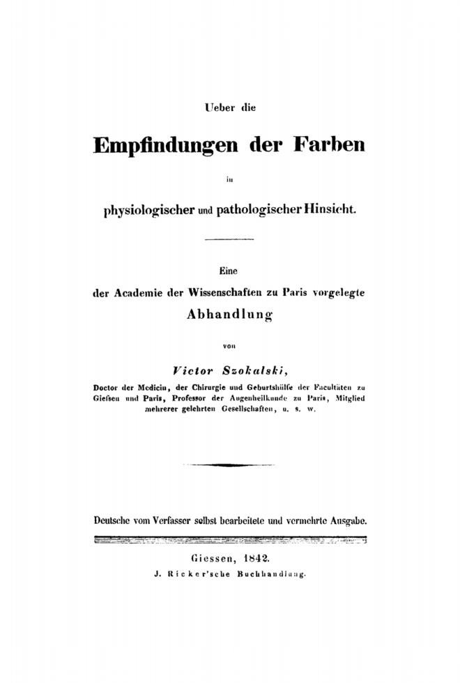 Ueber die Empfindungen der Farben in physiologischer und pathologischer Hinsicht German Edition Victor Szokalski Kitap Kapağı