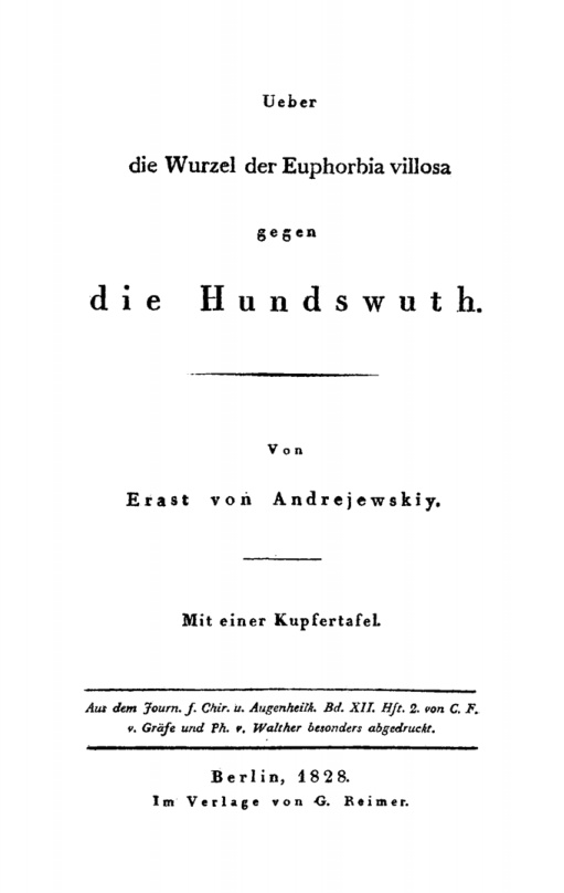 Ueber die Wurzel der Euphorbia villosa gegen die Hundswuth German Edition Erast von Andrejewskiy Kitap Kapağı