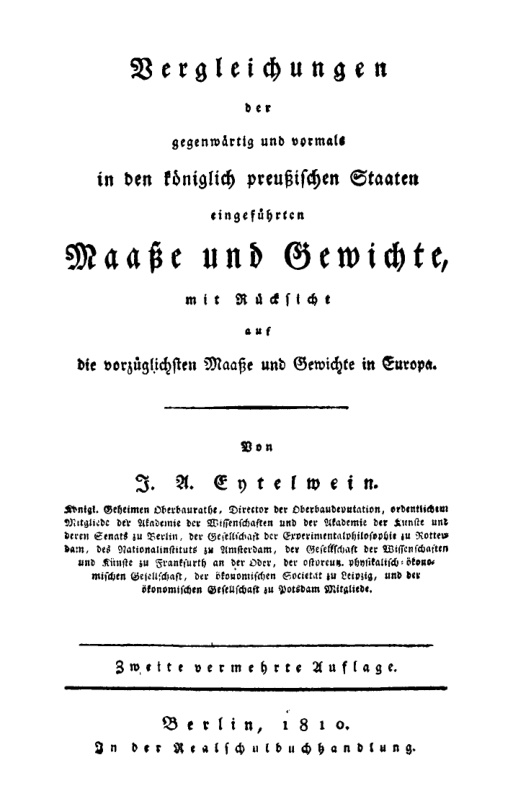 Vergleichungen der gegenwartig und vormals in den koniglich preussischen German Edition J A Eytelwein Kitap Kapağı