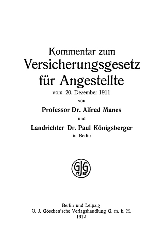 Versicherungsgesetz fur Angestellte vom 20 Dezember 1911 German Edition Otto Bernstein Kitap Kapağı