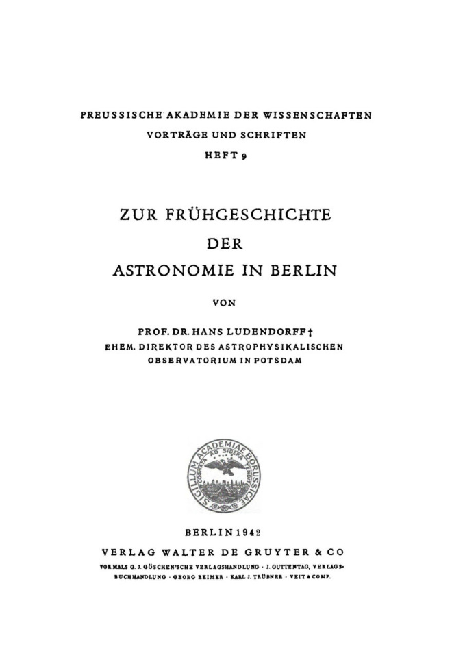 Zur Fruhgeschichte der Astronomie in Berlin German Edition Hans Ludendorff Kitap Kapağı