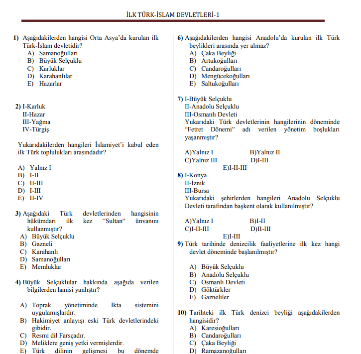İlk Türk-İslam Devletleri – 1 (Test Kitapçığı) PDF