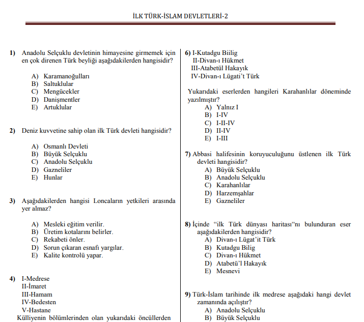 İlk Türk-İslam Devletleri – 2 (Test Kitapçığı)