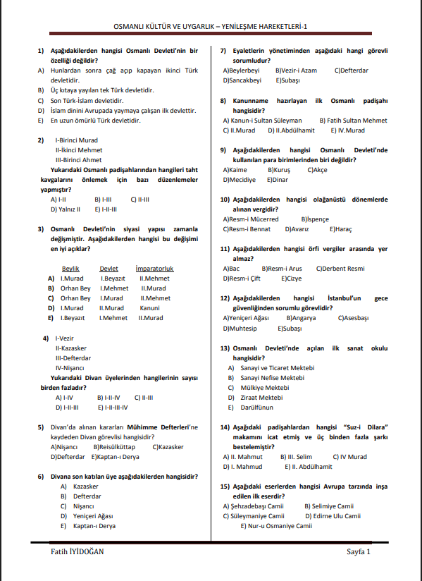 Osmanlı Kültür ve Uygarlık – Yenileşme Hareketleri-1 Test Kitapçığı PDF 1 Osmanlı Kültür ve Uygarlık – Yenileşme Hareketleri-1 Test Kitapçığı PDF