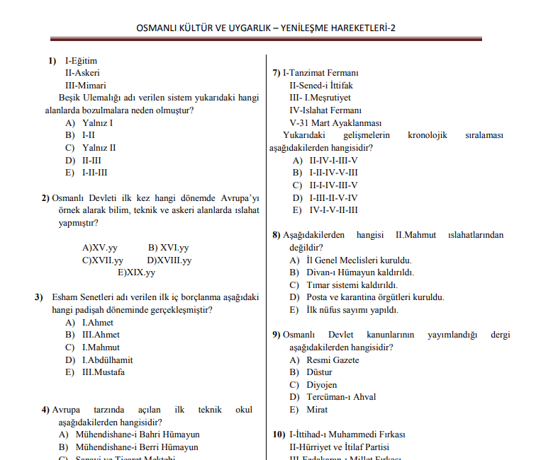Osmanlı Kültür ve Uygarlık – Yenileşme Hareketleri-2 KPSS