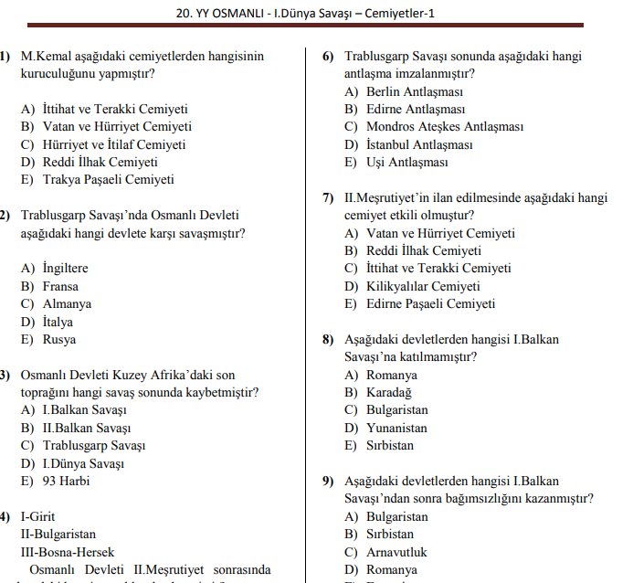 20.YY Osmanlı – I. Dünya Savaşı – Cemiyetler-1 KPSS PDF