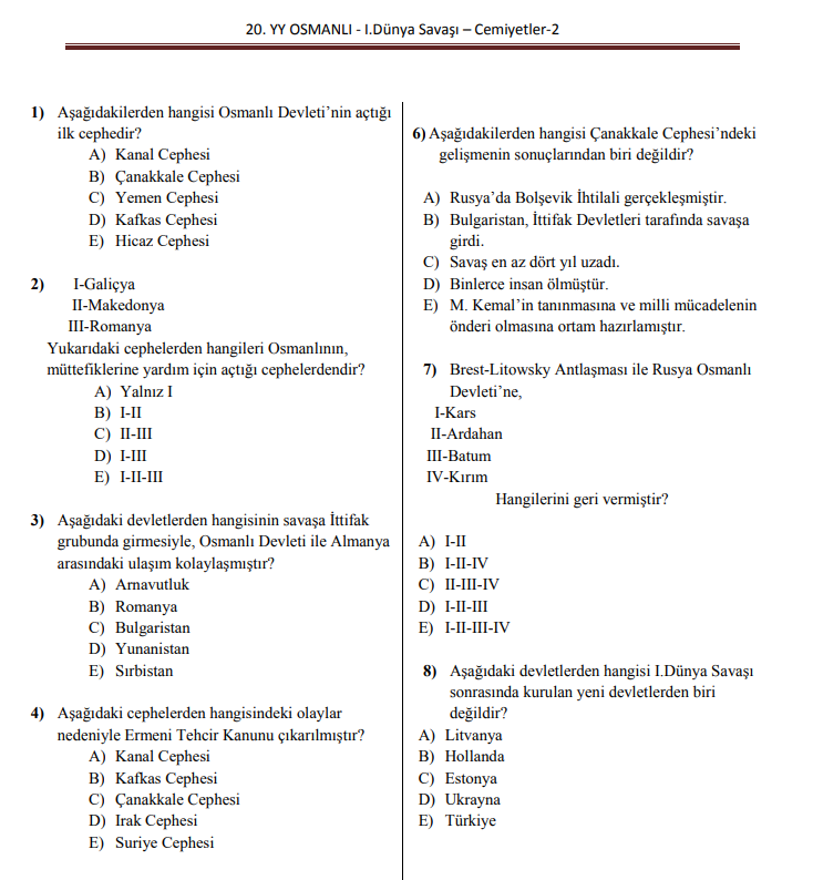 YY Osmanlı - I. Dünya Savaşı – Cemiyetler-2 KPSS Test Kitapçığı