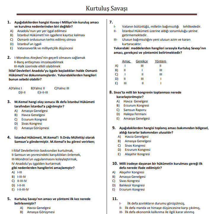 Kurtuluş Savaşı Genelgeler Dönemi – KPSS Test Kitapçığı