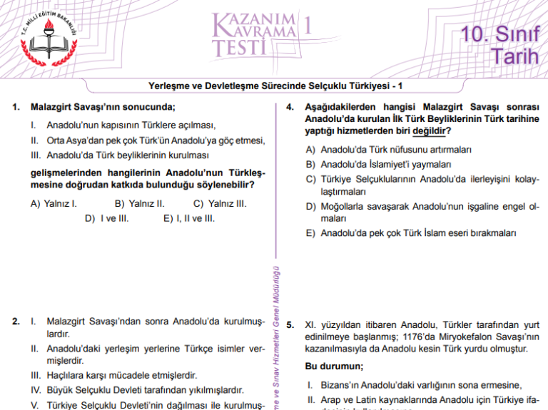 10.Sınıf Tarih Kazanım Testleri PDF Test Kitabı Kitap Kapağı