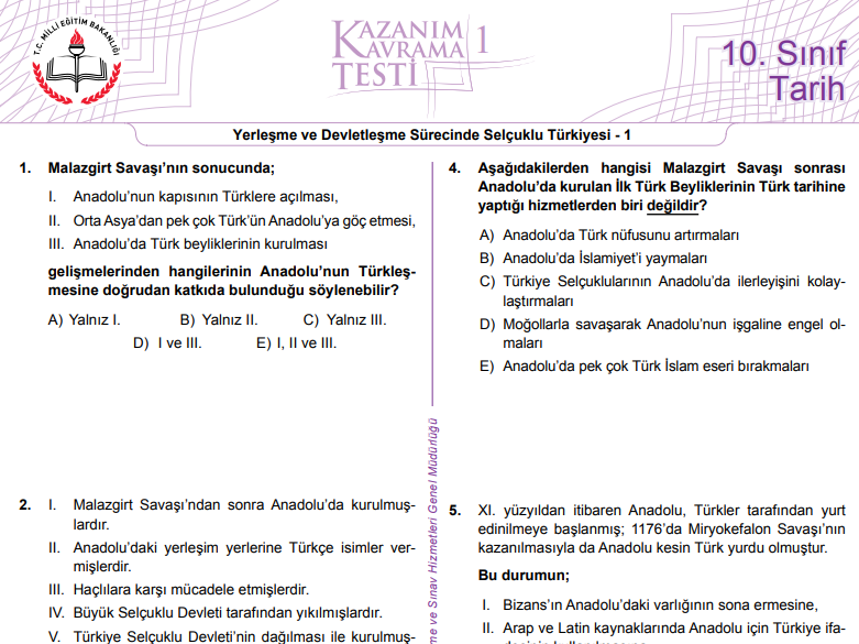 10.Sınıf Tarih Kazanım Testleri - PDF Test Kitabı
