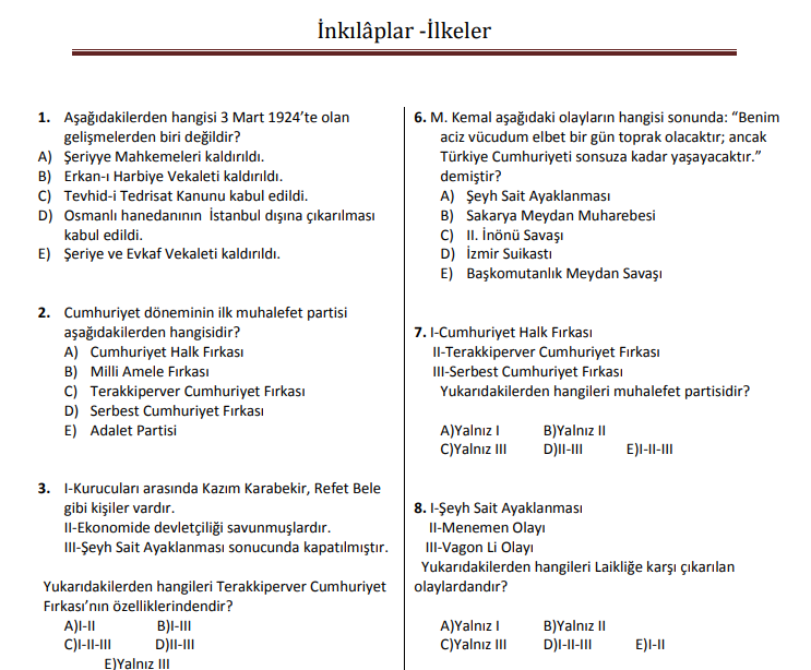 İnkılâplar - İlkeler KPSS Test Kitapçığı