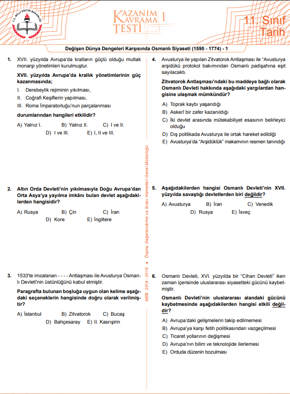 11.Sınıf Tarih Kazanım Testleri PDF Test Kitapçığı